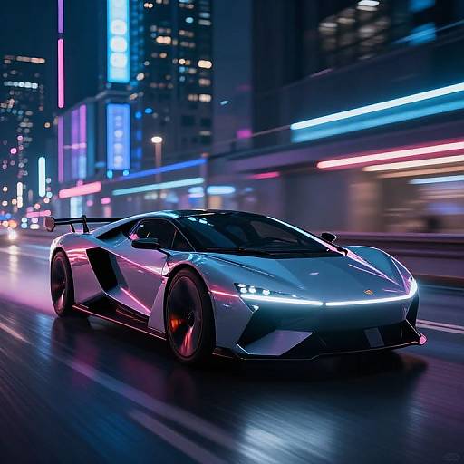 Photorealistic CGI of a sleek, silver Lamborghini Huracán with glowing blue and pink lights, speeding through a neon-lit, futuristic city