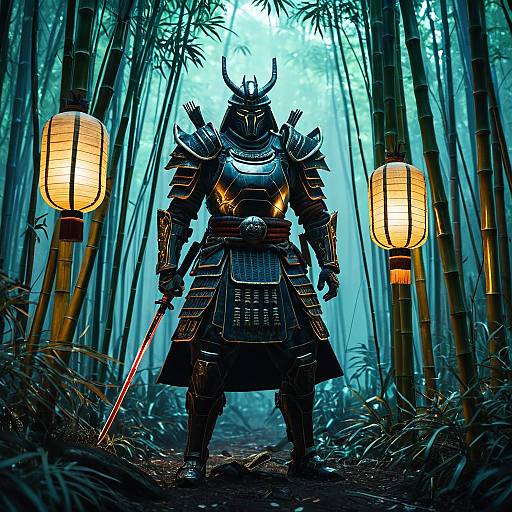 Cyborg Samurai in Bioluminescent Bamboo Forest