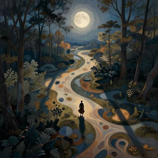 Digital painting of a silhouetted figure walking on a winding, glowing path through a dark, moonlit forest with swirling light patterns.