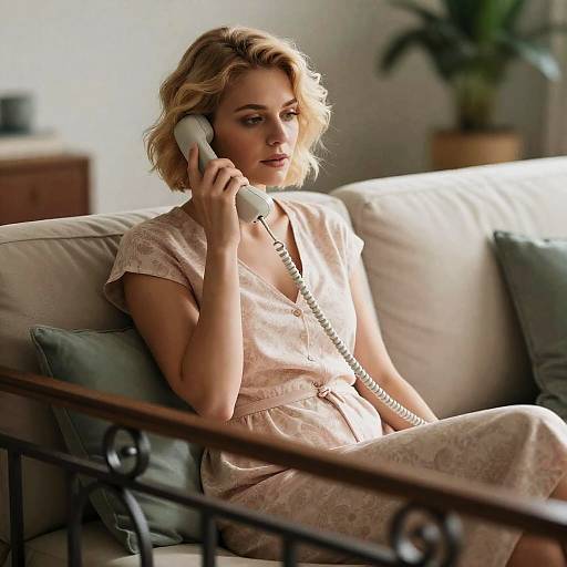 Focused Blonde Woman on Beige Couch