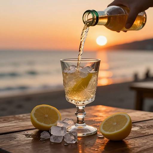 Photograph: Hand pours golden liquid into a diamond-patterned glass with ice and lemon slices, set on a wooden table at sunset by the ocean.