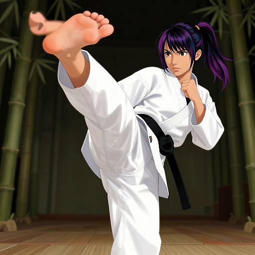 Digital anime-style drawing of a purple-haired woman in a white karate gi and black belt, kicking forward with a determined expression, bamboo background.