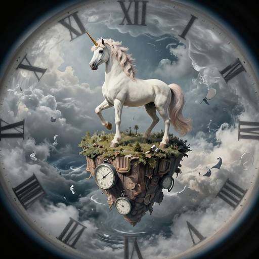 Digital art of a white unicorn with a pink mane standing on a floating clock island, surrounded by clouds and birds, framed by a large clock face.