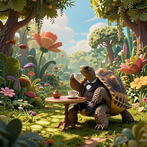 Digital artwork of an anthropomorphic turtle in a black suit, sipping tea at a small round table in a vibrant, surreal garden with oversized flowers,