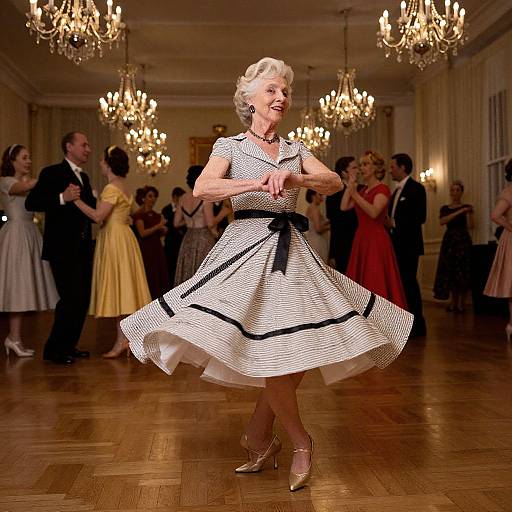 Photograph of an elegant older woman in a white polka-dotted dress with black trim, dancing in a grand ballroom with chandeliers,