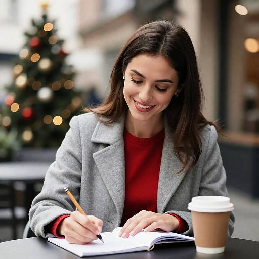 Woman Writing at Outdoor Café with Christmas Decorations