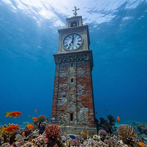 Photograph of an underwater scene featuring a tall, weathered brick clock tower surrounded by colorful coral and orange fish, with sunlight filtering through the blue water