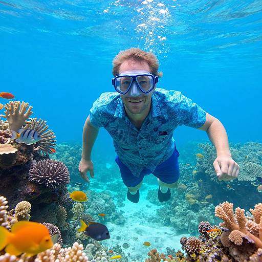 Photograph of a smiling man with short brown hair, wearing a blue patterned shirt, blue shorts, and snorkeling mask, swimming underwater surrounded by