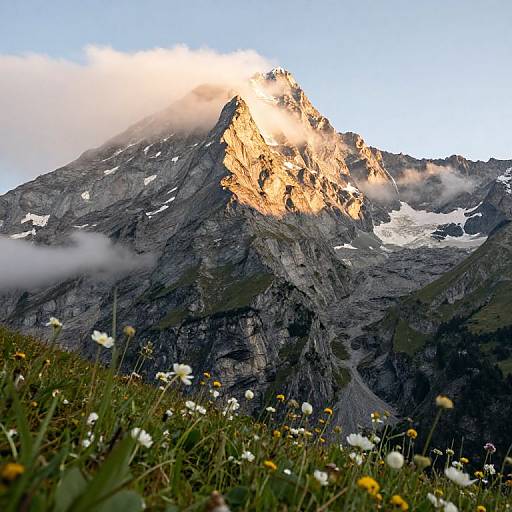 Photograph of a rugged mountain peak bathed in golden sunlight, partially shrouded in clouds, with wildflowers in the foreground.