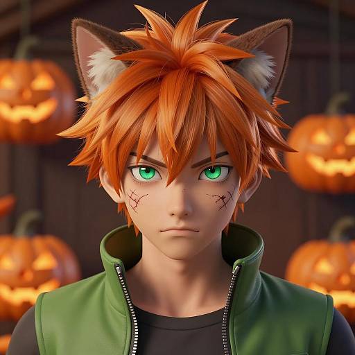 Anime-style Halloween Young Man with Cat Ears