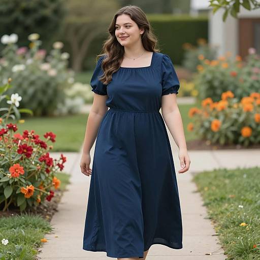 Woman in Navy Maxi Dress Walking in Garden
