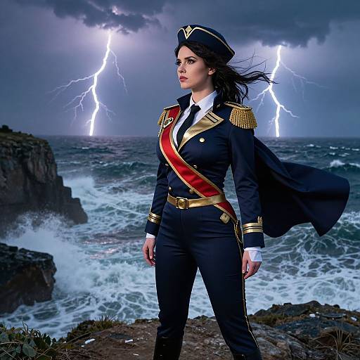 Photorealistic image of a fierce, dark-haired woman in naval officer uniform with gold epaulettes, red sash, and black hat,
