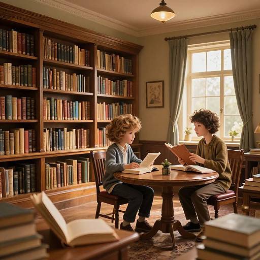 Photograph of two curly-haired children, one boy and one girl, reading together at a wooden table in a sunlit library.