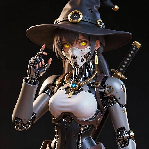 CGI anime-style cyber witch with glowing yellow eyes, black hat, white top, mechanical arms, necklaces, and sword; dark background.