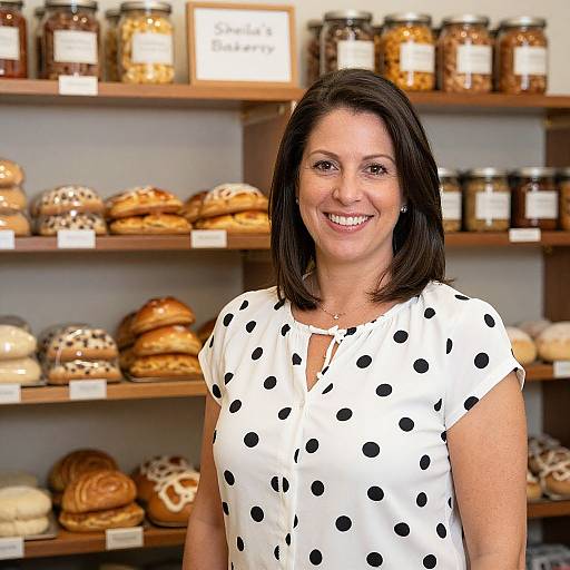 Photograph of a smiling woman with straight black hair, wearing a white polka dot blouse, standing in a bakery with shelves of various bread and jars