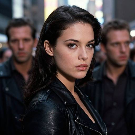 Photograph of a serious, dark-haired woman in a black leather jacket, standing in a blurred urban nighttime setting with two men behind her.