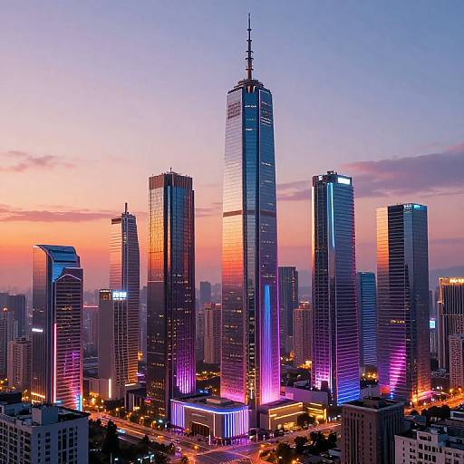 Photograph of a futuristic city skyline at dusk, featuring tall, illuminated skyscrapers with vibrant purple, pink, and blue lights against a colorful sunset