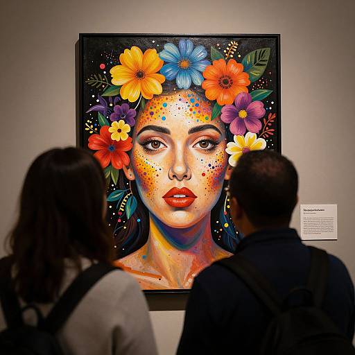 Photograph of a vibrant, colorful painting of a woman with flower crown, surrounded by two people in an art gallery.