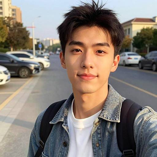 Photograph of an Asian young man with short black hair, wearing a denim jacket over a white shirt, black backpack, smiling, standing on a sun