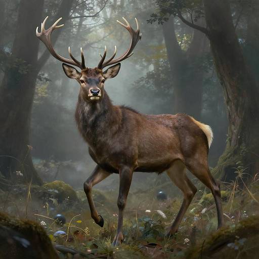 Ancient Forest Guardian Stag in Misty Twilight
