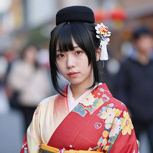 Photograph of a young Japanese woman with fair skin, black hair in a traditional updo, wearing a vibrant red and white floral kimono, black