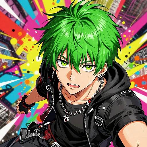 Colorful anime-style illustration of a green-haired, green-eyed character with spiky hair, wearing a black hoodie and earrings, set against a vibrant,