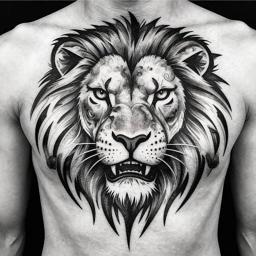 Fierce Tribal Lion Chest Tattoo