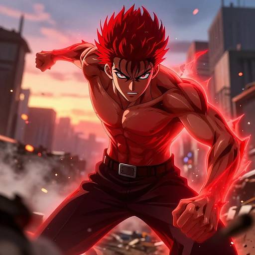 Digital anime artwork of a muscular, shirtless man with red spiky hair and glowing red aura, standing in a damaged cityscape at sunset, ready