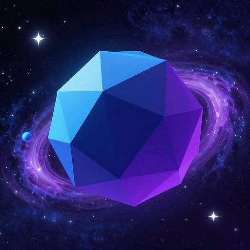 Digital artwork of a glowing, geometric, blue-purple crystal floating in a dark, starry space with a swirling purple nebula and two smaller blue orbs