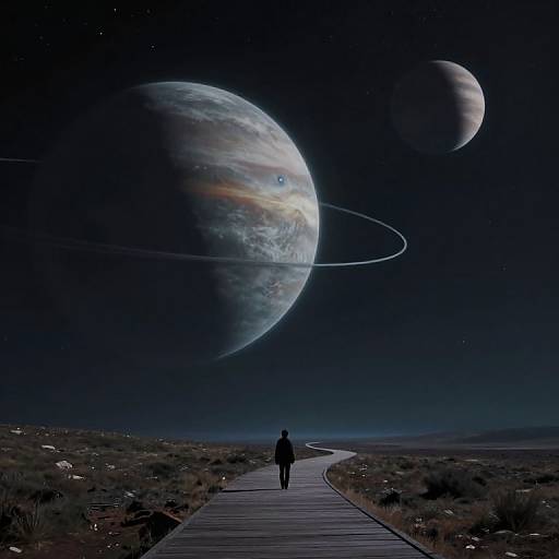 Digital art: Silhouette of a lone figure on a wooden path leading to two large, glowing planets with rings in a starry night sky.