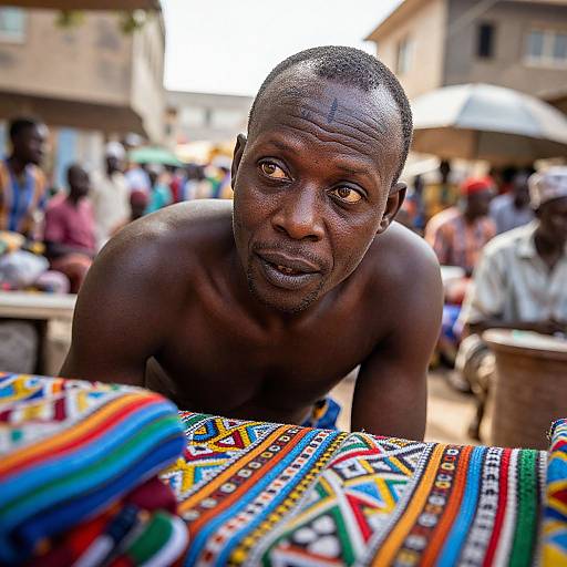 Photograph of a shirtless, dark-skinned man with short hair, leaning forward, looking intently at colorful, patterned textile in a bustling
