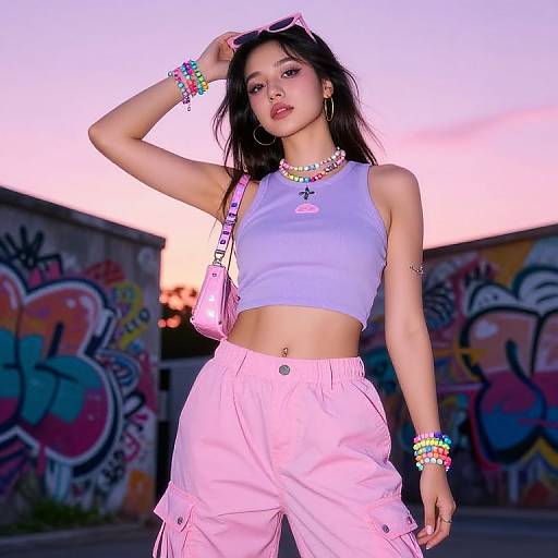 Photograph of a young woman with long dark hair, wearing a light blue crop top, pink pants, colorful bracelets, and a pink crossbody bag