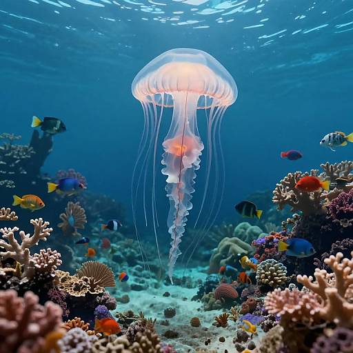 Photograph of a vibrant underwater scene featuring a glowing jellyfish with translucent tentacles, surrounded by colorful coral reefs and diverse fish.