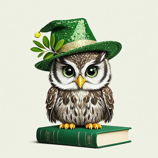 Cute Owl with Green Hat on Book