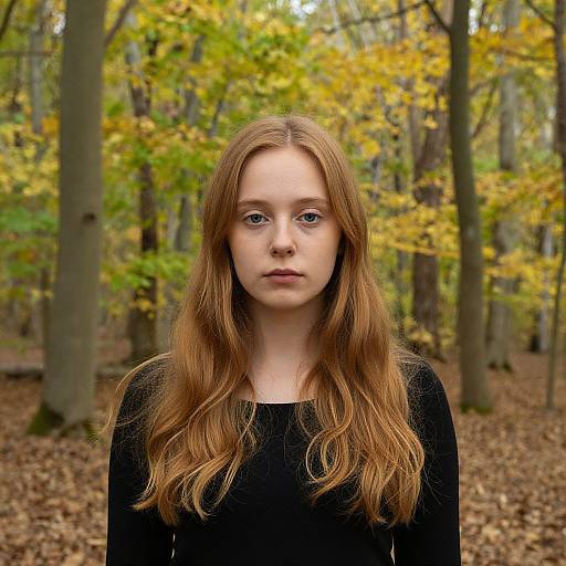 Photograph of a young, fair-skinned woman with long, wavy auburn hair, wearing a black sweater, standing in a forest with