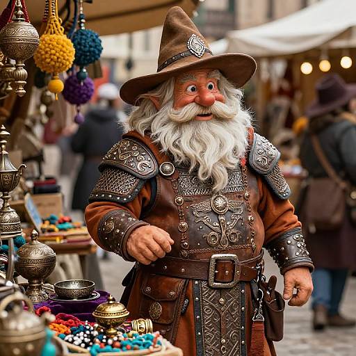 Photograph of a whimsical, elderly, white-bearded man in medieval armor and hat, standing in a vibrant, bustling outdoor market stall.