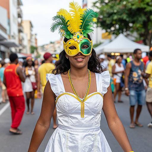 Photograph of a smiling Black woman in a white dress and vibrant yellow-green feathered masquerade mask, standing on a busy street at a carnival