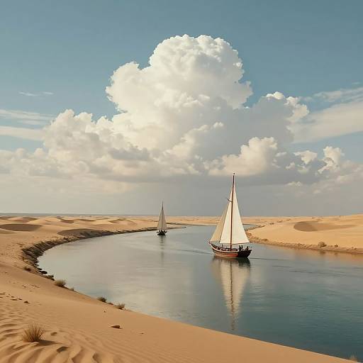 Photograph of two sailboats on a calm river winding through golden desert sand dunes under a bright, cloud-filled blue sky.