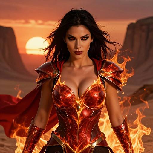 Digital artwork of Wonder Woman with blazing armor, fiery surroundings, and a sunset backdrop, standing confidently in a desert landscape.