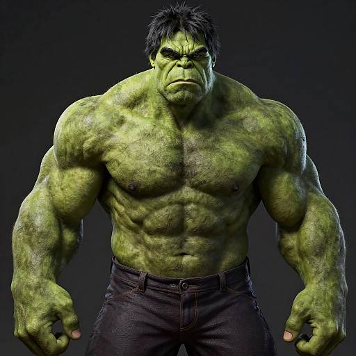 CGI image of a muscular, green-skinned, bald-headed Hulk with dark pants, intense expression, and defined abs, against a black background.