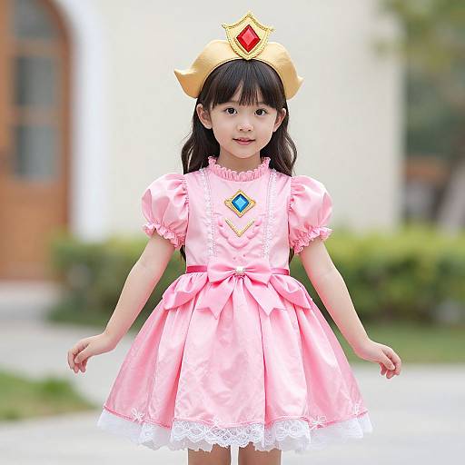 Photograph of an Asian young girl with black hair in a pink, lace-trimmed dress and golden crown, standing outdoors with a blurred green and