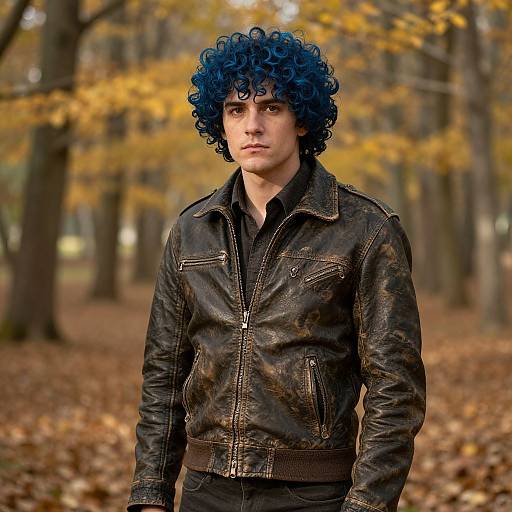 Photograph of a young man with blue curly hair, wearing a black leather jacket, standing in a autumn forest with yellow leaves.