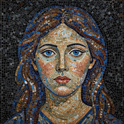 Digital mosaic portrait of a young woman with blue eyes, brown wavy hair, and pink lips, set against a dark background.