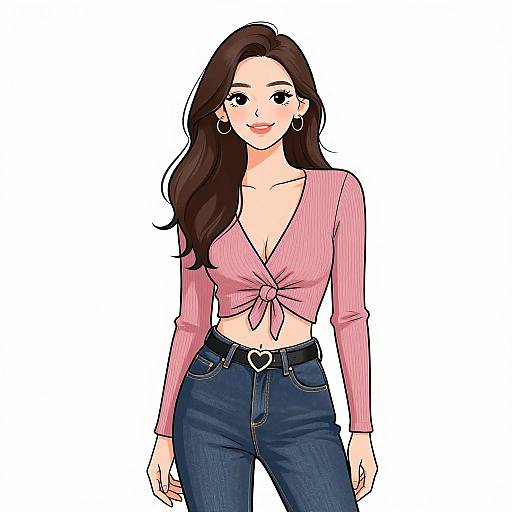 Digital illustration of a smiling woman with long brown hair, wearing a pink knotted crop top, blue jeans, heart-shaped belt buckle, and hoop earrings