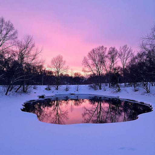 Photograph of a serene winter landscape with a snow-covered pond reflecting vibrant pink and purple sunset, surrounded by bare trees.