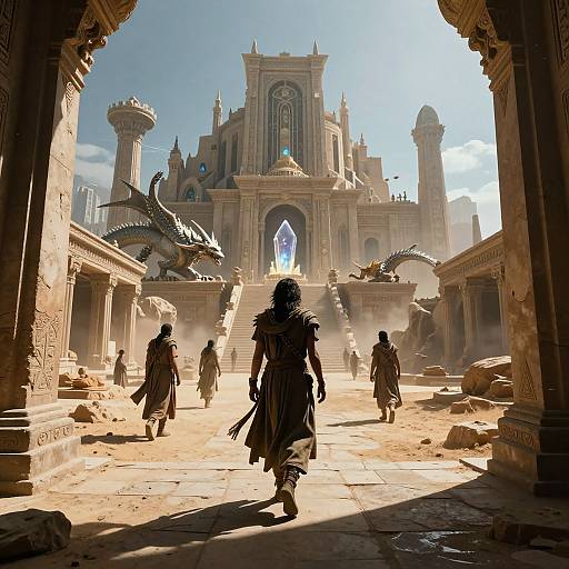 Fantasy CGI: Silhouetted warrior in ancient ruins walks toward a grand, dragon-adorned, sunlit temple with six robed figures