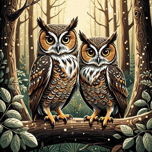 Cartoon Owls in Whimsical Woodland