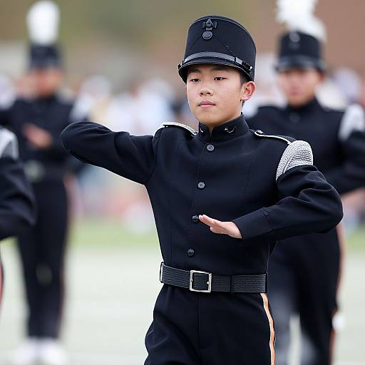 Photograph of a young Asian boy in a black police uniform with a peaked cap, gesturing with his right hand, blurred background of other police officers
