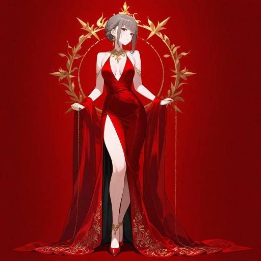 Elegant Woman in Red on Shimmering Tulle Elegant Woman in Red on Shimmering Tulle