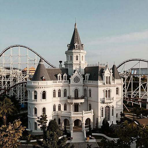 Photograph of a white, Gothic-style mansion with a central tower, surrounded by a roller coaster's steel framework and trees, under a clear blue sky